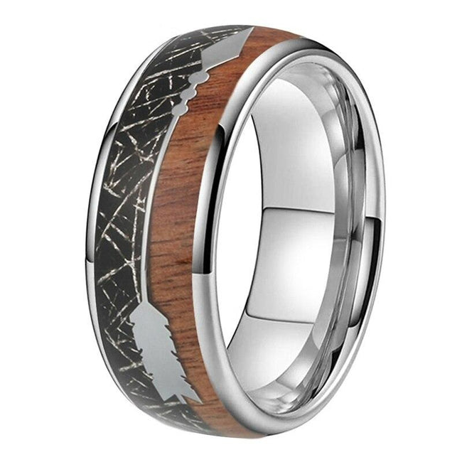 Silver Wood and Arrow Black Meteorite Tungsten Mens Wedding Band Ring