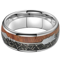 Silver Wood and Arrow Black Meteorite Tungsten Mens Wedding Band Ring