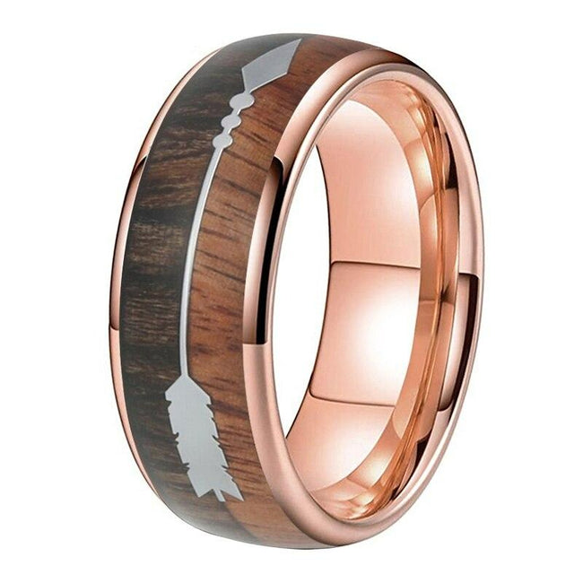 Rose Gold Wood and Arrow Inlay Tungsten Mens Wedding Band Ring