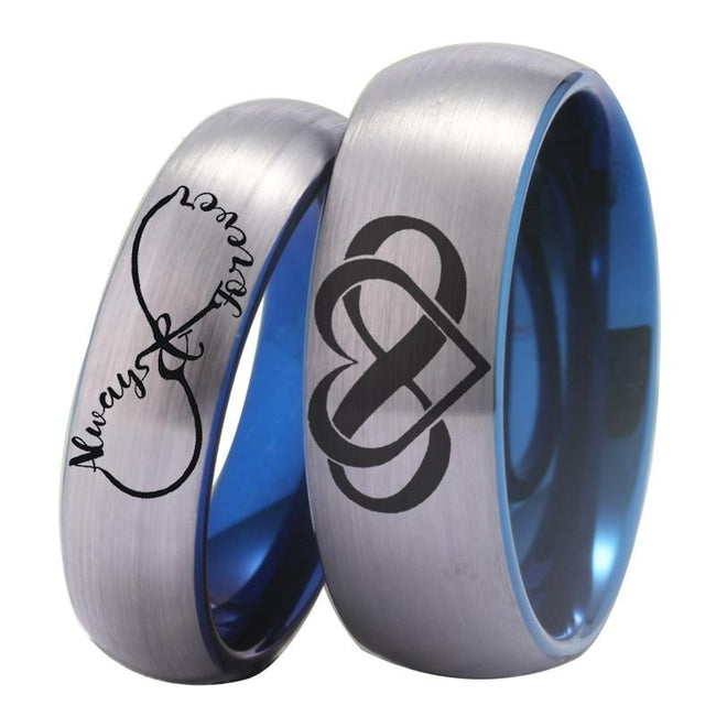 Black and Blue Infinity Heart Always and Forever Couple Tungsten Wedding Band Ring for Men and Women