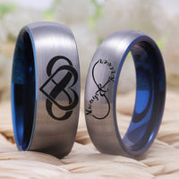 Black and Blue Infinity Heart Always and Forever Couple Tungsten Wedding Band Ring for Men and Women