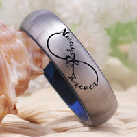 Black and Blue Infinity Heart Always and Forever Couple Tungsten Wedding Band Ring for Men and Women