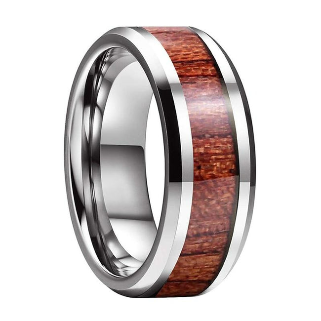 Silver Koa Wood Inlay Tungsten Mens Wedding Band Ring