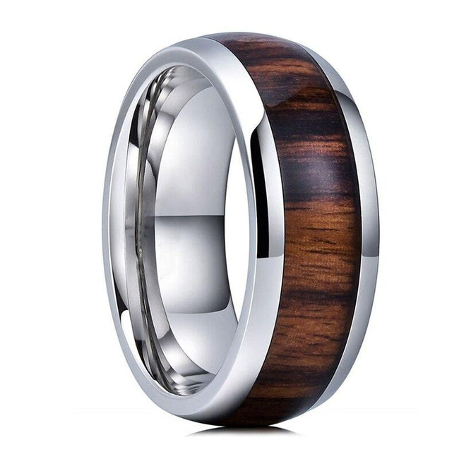 Silver Dark Koa Wood Inlay Tungsten Mens Wedding Band Ring