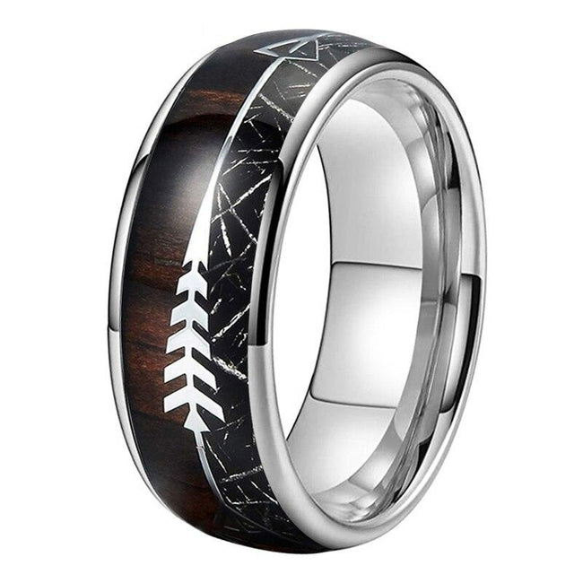 Silver Wood and Arrow Black Meteorite Tungsten Mens Wedding Band Ring