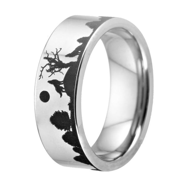 Silver Wolf In Forest Wedding Band Ring for Men