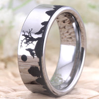 Silver Wolf In Forest Wedding Band Ring for Men