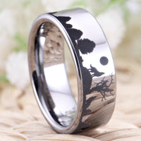 Silver Wolf In Forest Wedding Band Ring for Men