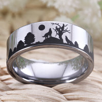 Silver Wolf In Forest Wedding Band Ring for Men