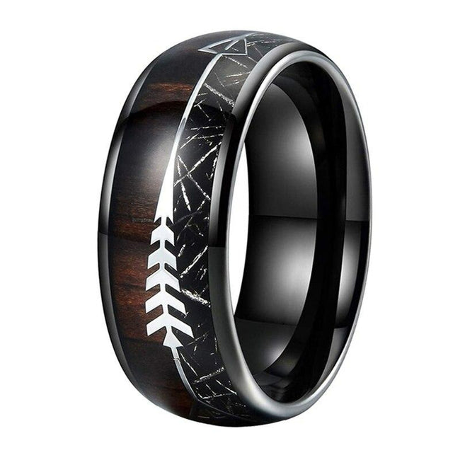 Black Wood and Arrow Meteorite Tungsten Mens Wedding Band Ring