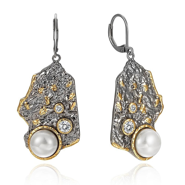 Gunmetal Gold Plated White Pearl Zirconia Exotic Drop Earrings for Women