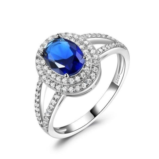 Blue Sapphire Halo Split Shank Wedding Ring for Women, 925 Sterling Silver Engagement Ring