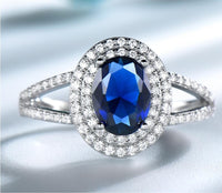 Blue Sapphire Halo Split Shank Wedding Ring for Women, 925 Sterling Silver Engagement Ring