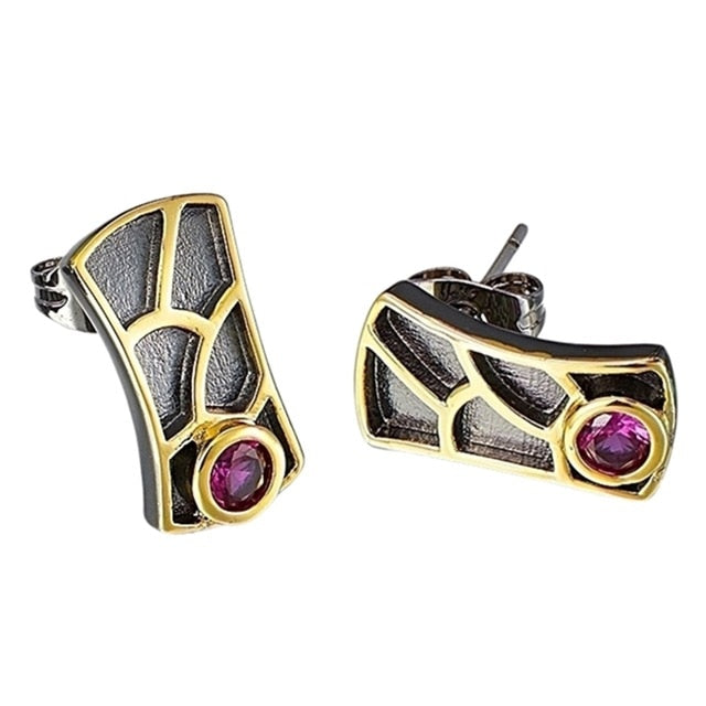 Black Gold Plated Red Cubic Zirconia Gothic Earrings for Women