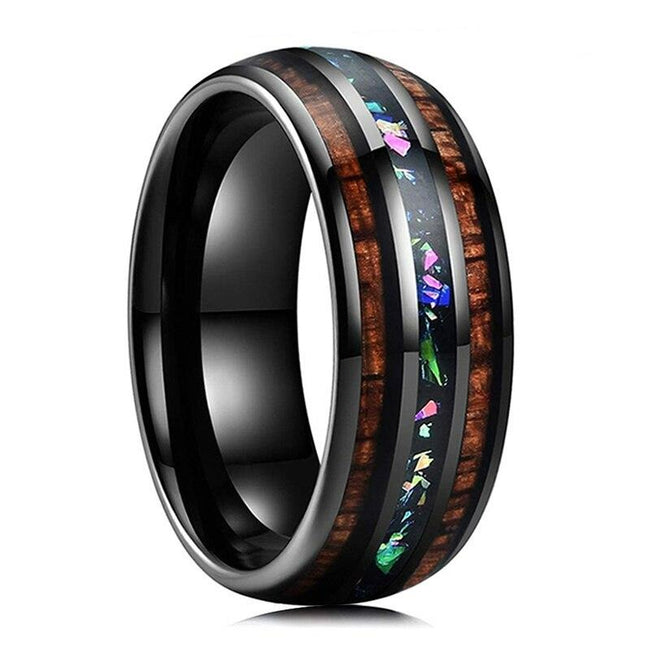 Black Koa Wood and Opal Inlay Tungsten Wedding Band Ring for Men