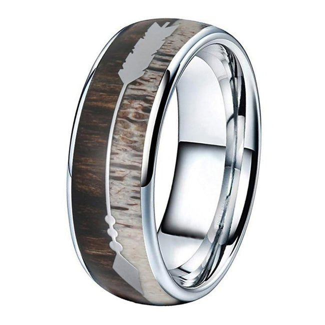 Silver Deer Antler and Koa Wood Arrow Inlay Tungsten Wedding Band Ring for Men