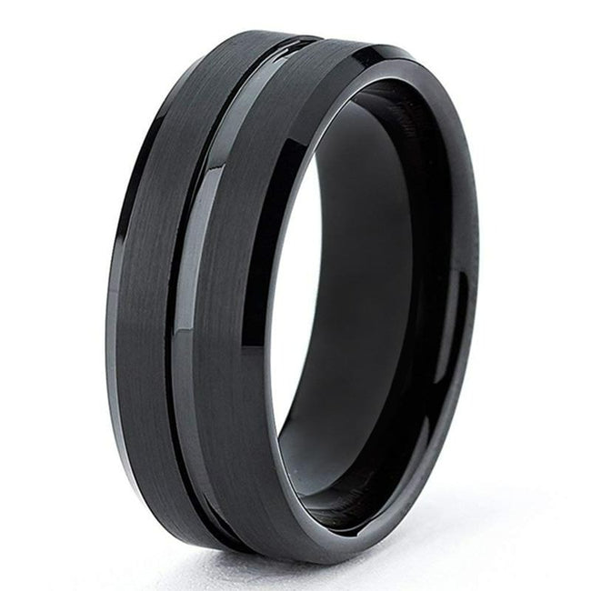 Black Grooved Stepped Edges Tungsten Wedding Band Ring for Men