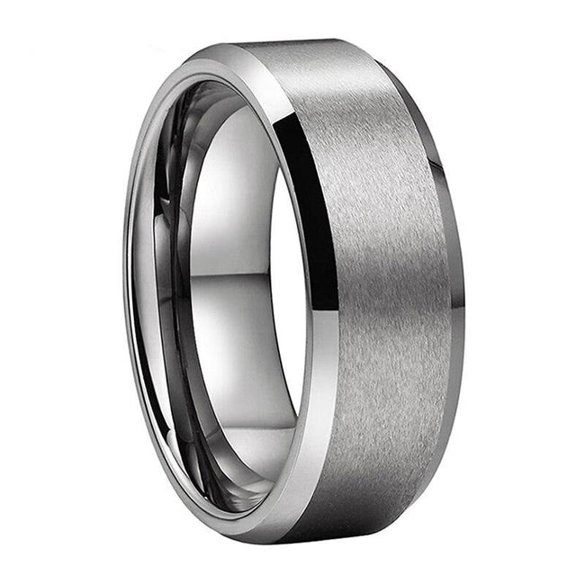 Silver Brushed Tungsten Wedding Band Ring for Men with Beveled Edges