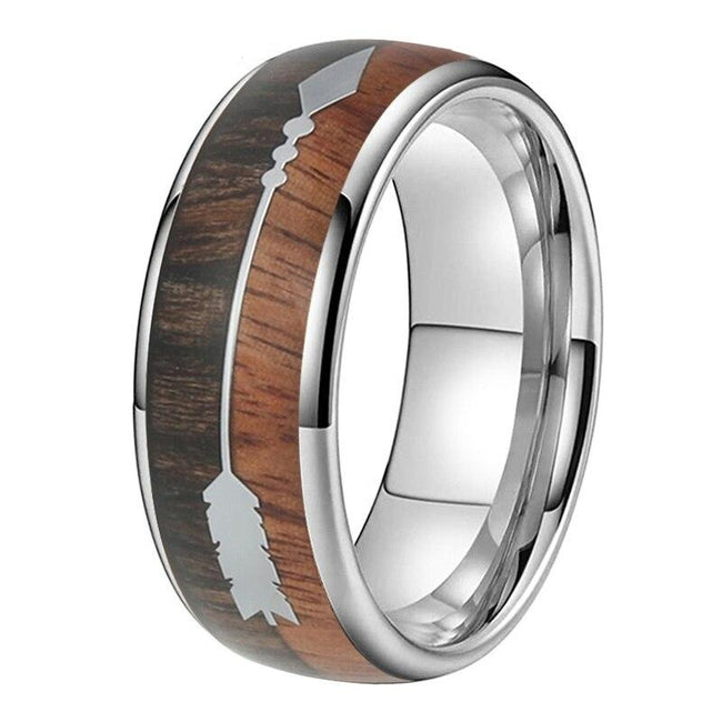 Silver Koa Wood and Arrow Inlay Tungsten Mens Wedding Band Ring