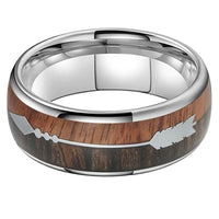 Silver Koa Wood and Arrow Inlay Tungsten Mens Wedding Band Ring