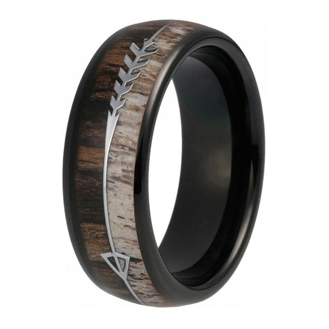 Black Deer Antler and Koa Wood Arrow Inlay Tungsten Wedding Band Ring for Men