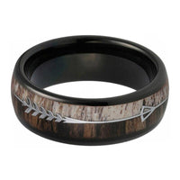 Black Deer Antler and Koa Wood Arrow Inlay Tungsten Wedding Band Ring for Men
