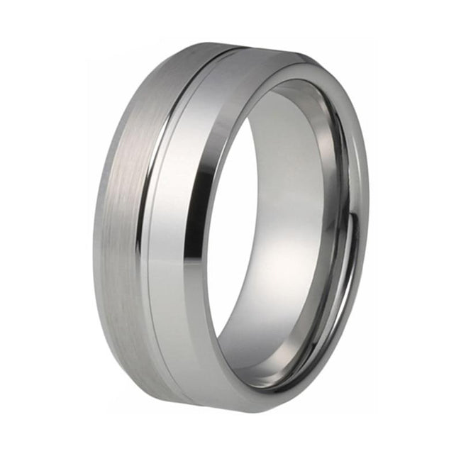 Silver Grooved Center Tungsten Wedding Band Ring for Men