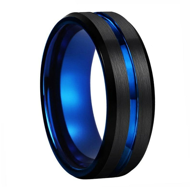 Black and Blue Center Grooved Tungsten Wedding Band Ring for Men