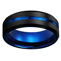 Black and Blue Center Grooved Tungsten Wedding Band Ring for Men