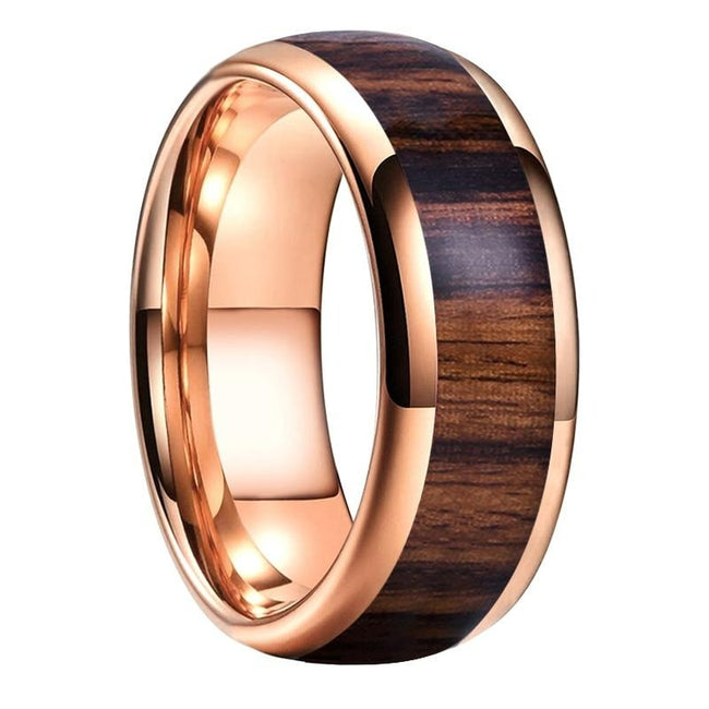 Rose Gold Koa Wood Inlay Tungsten Mens Wedding Band Ring