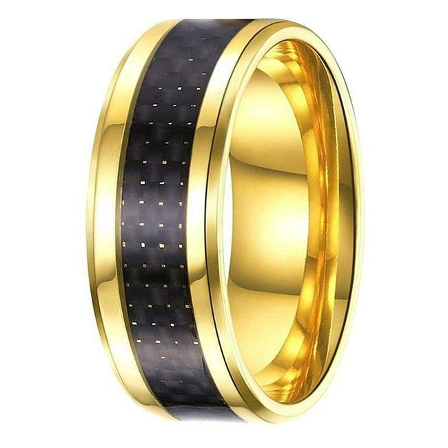 Yellow Gold Tungsten Mens Wedding Band Ring with Black Carbon Fiber Inlay