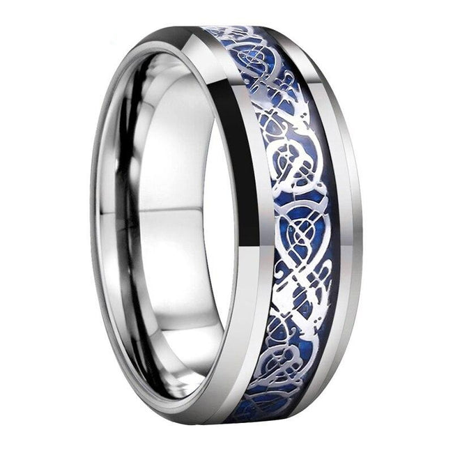 Silver Celtic Dragon Tungsten Mens Wedding Band Ring with Blue Carbon Fiber Inlay