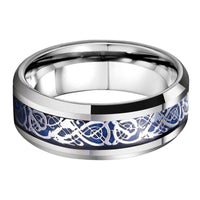 Silver Celtic Dragon Tungsten Mens Wedding Band Ring with Blue Carbon Fiber Inlay