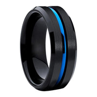 Black and Blue Grooved Tungsten Wedding Band Ring for Men