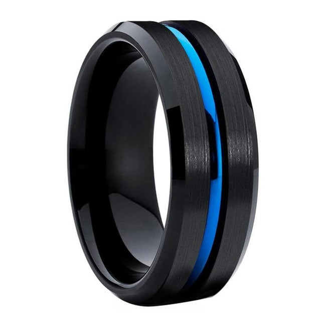 Black and Blue Grooved Tungsten Wedding Band Ring for Men