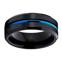 Black and Blue Grooved Tungsten Wedding Band Ring for Men