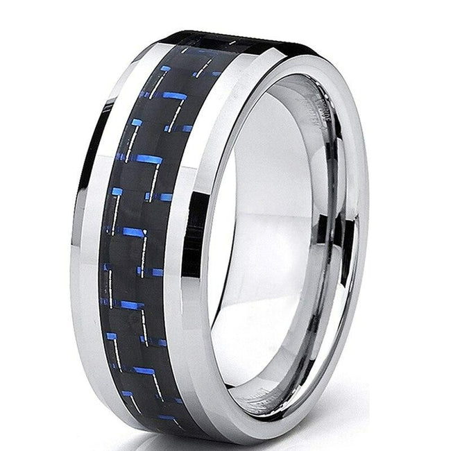 Black and Blue Carbon Fiber Silver Tungsten Mens Wedding Band Ring