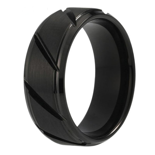 Black Multi Grooved Tungsten Wedding Band Ring for Men with Stepped Edges