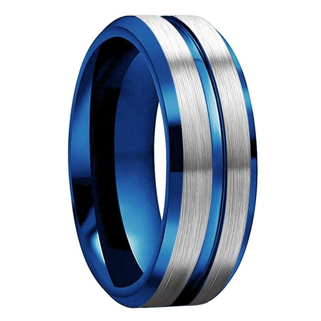 Blue and Silver Grooved Tungsten Wedding Band Ring for Men