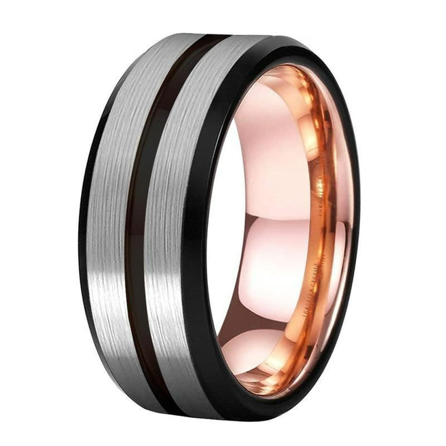 Black and Silver Grooved with Rose Gold Tungsten Wedding Band Ring for Men