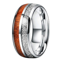 Silver Meteorite and Koa Wood Inlay Tungsten Mens Wedding Band Ring