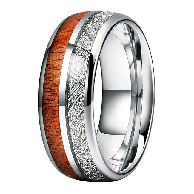 Silver Meteorite and Koa Wood Inlay Tungsten Mens Wedding Band Ring