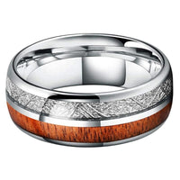Silver Meteorite and Koa Wood Inlay Tungsten Mens Wedding Band Ring