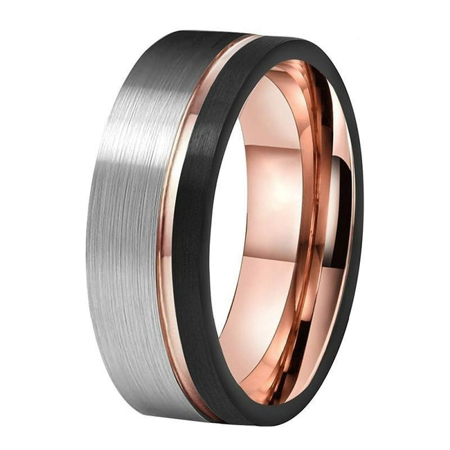 Rose Gold Grooved with Black and Silver Brushed Tungsten Wedding Band Ring for Men