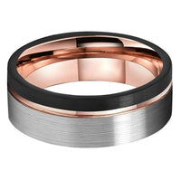 Rose Gold Grooved with Black and Silver Brushed Tungsten Wedding Band Ring for Men