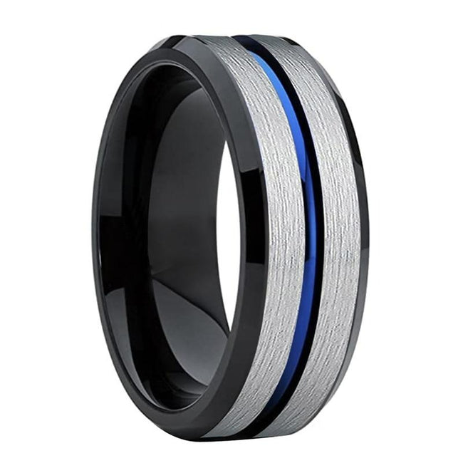 Black and Silver Matte Finish with Blue Groove Tungsten Wedding Band Ring for Men