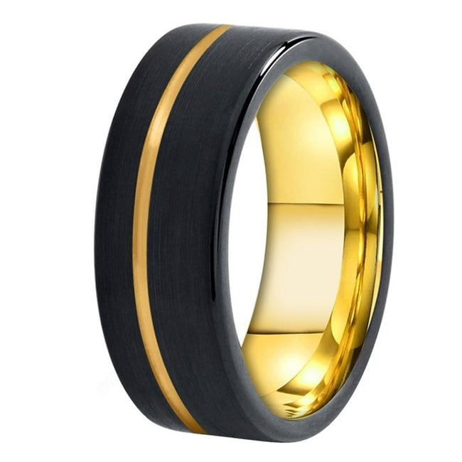 Black and Gold Offset Grooved Tungsten Wedding Band Ring for Men