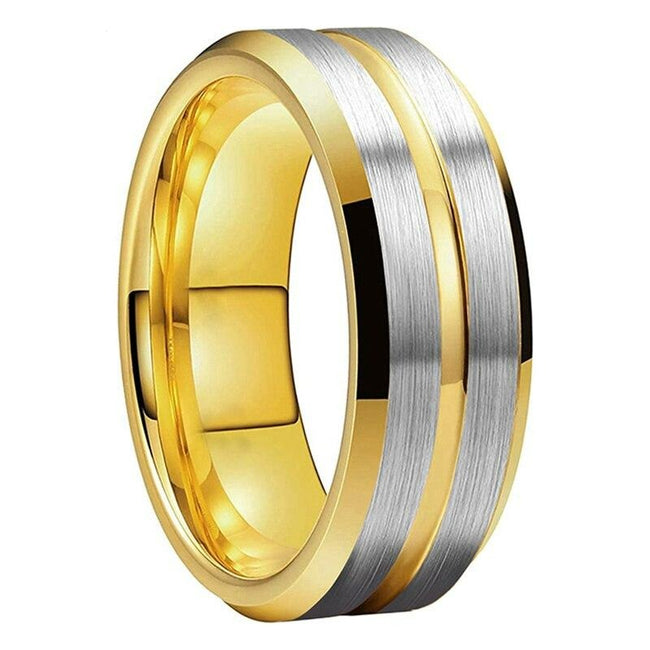 Silver Gold Grooved Silver Brushed Tungsten Wedding Band Ring for Men