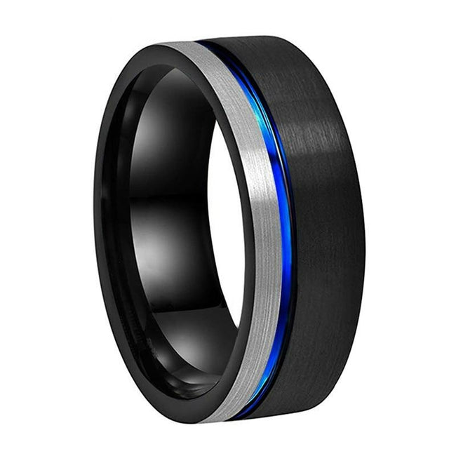 Black Blue and Silver Matte Finish Tungsten Wedding Band Ring for Men