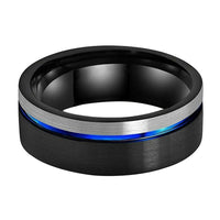 Black Blue and Silver Matte Finish Tungsten Wedding Band Ring for Men